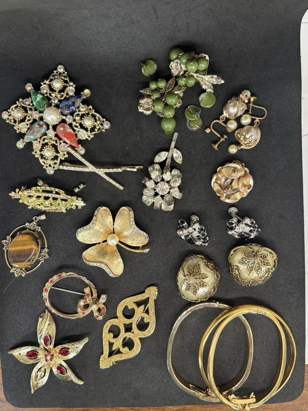 Vintage Costume Gold Tone Rhinestone Junk Brooch Bracelet Jewelry Lot